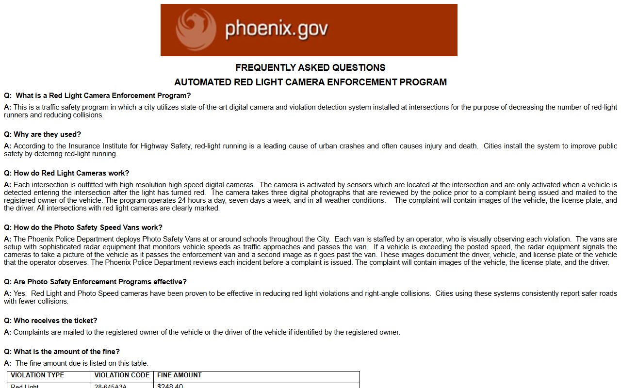 Phoenix photo enforcement information page