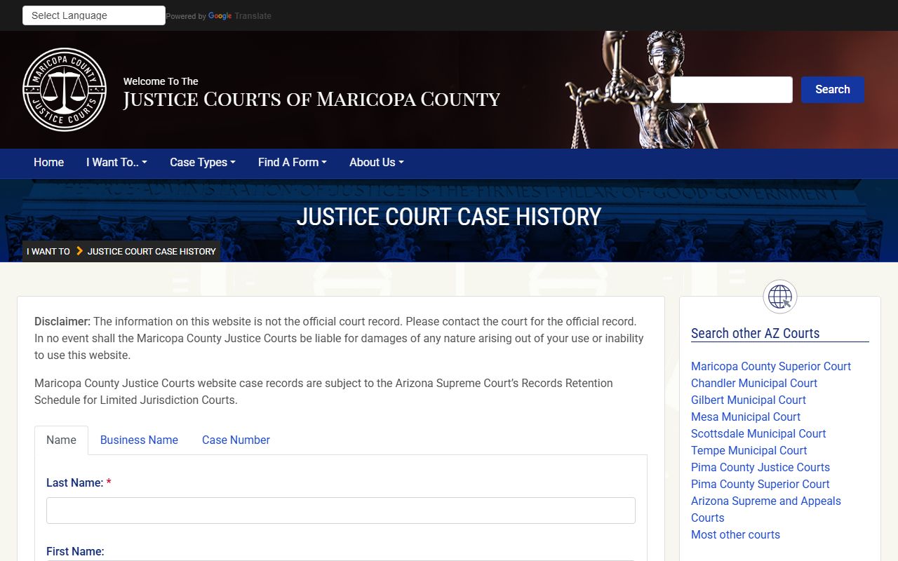 Maricopa County Justice Courts case search portal