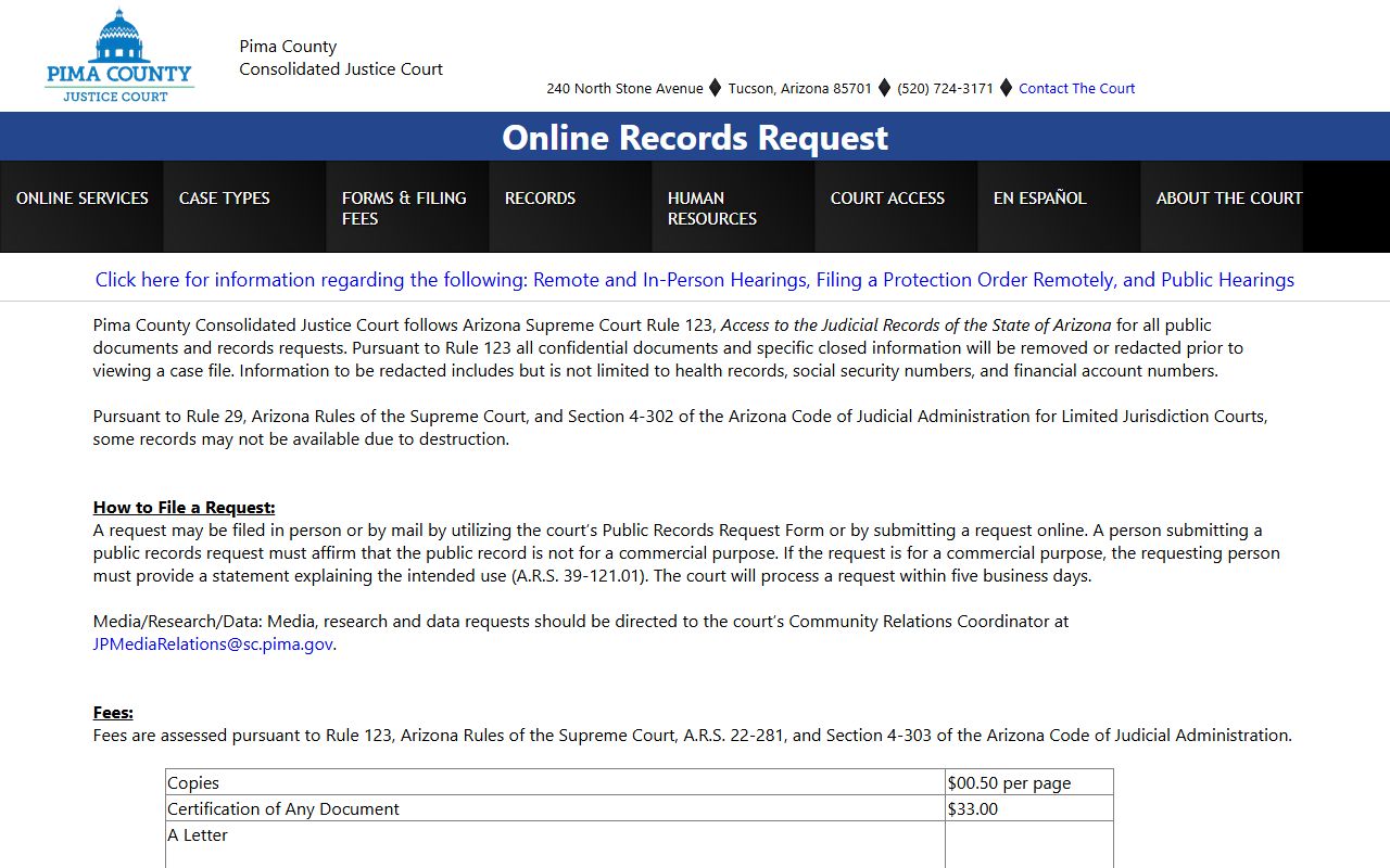 Pima County Justice Court online records request form