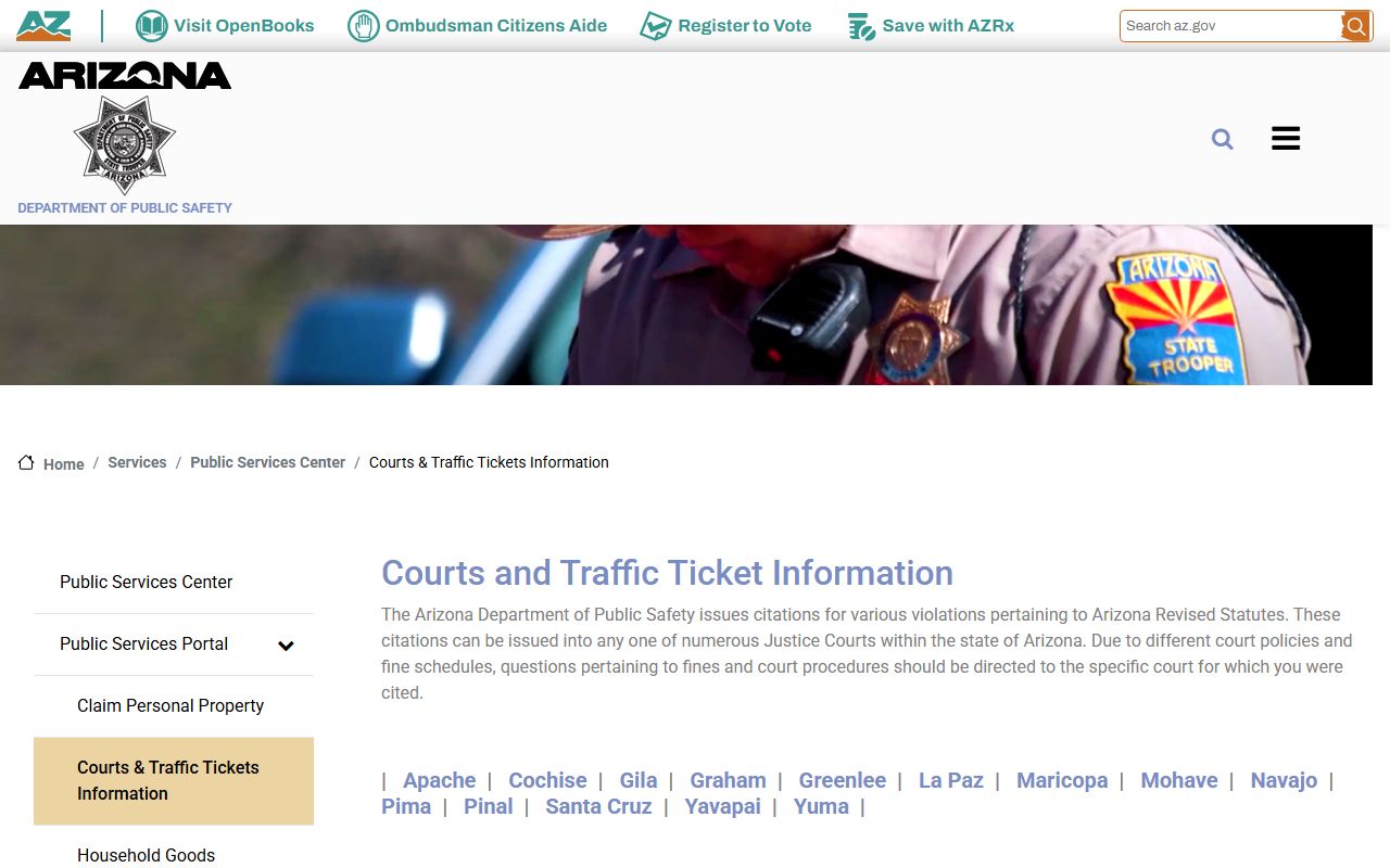 Arizona DPS courts and traffic tickets directory page