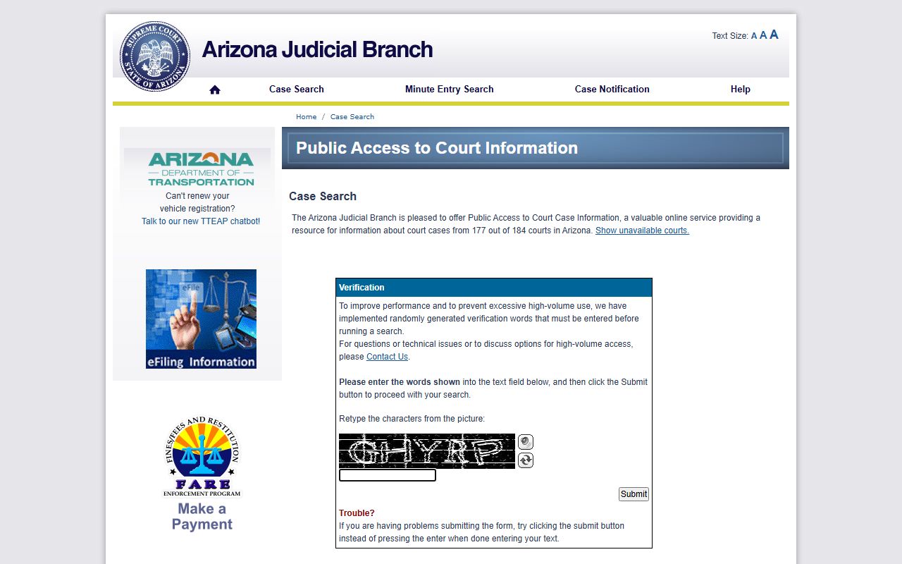 Arizona Public Access to Court Case Information search portal