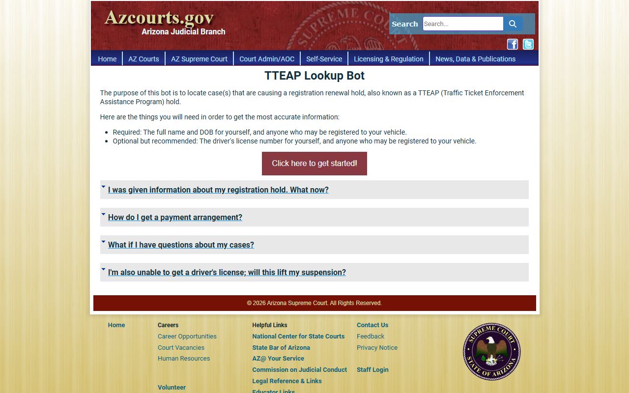 Arizona TTEAP lookup tool for registration holds